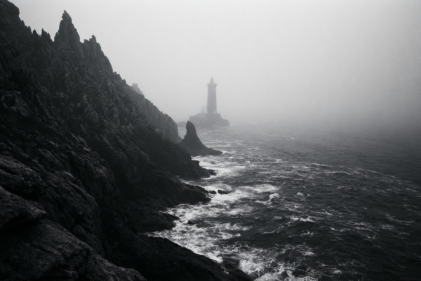 Falaises de granit et phare breton dans la brume